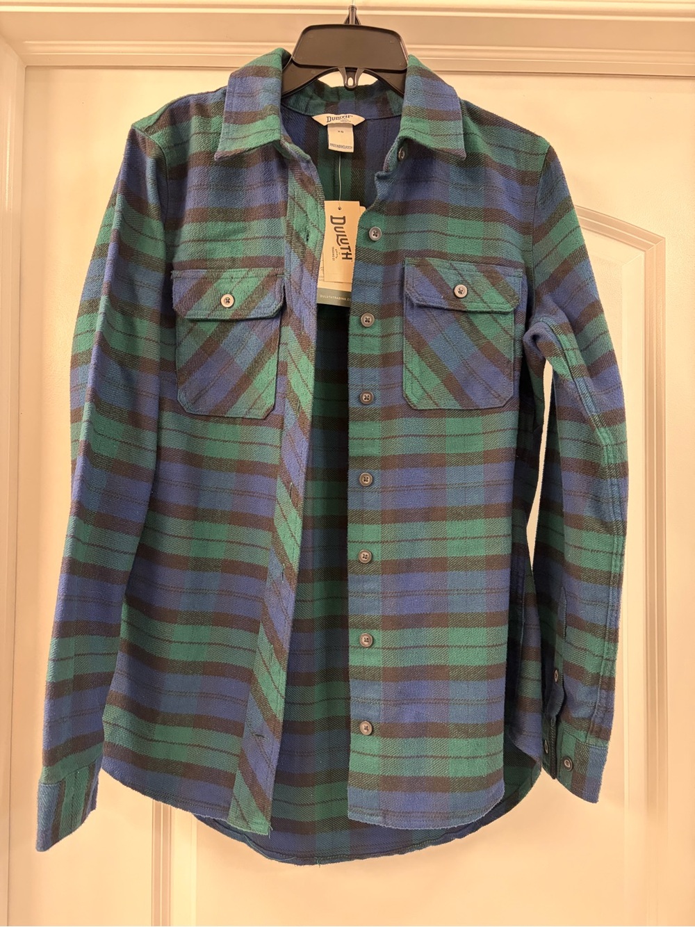 Duluth Trading Co Folklore Flannel Shirt Shacket Cargo Navy/ green Plaid NWT XS